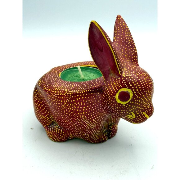 Oaxacan Mexican Stone Hand Painted Signed Bunny Rabbit Tea Light Heavy - Picture 10 of 10